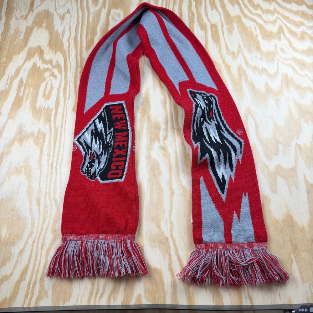 New Mexico Lobos NCAA Knit Fan Scarf Red Grey Wolf Logo Fringe UNM